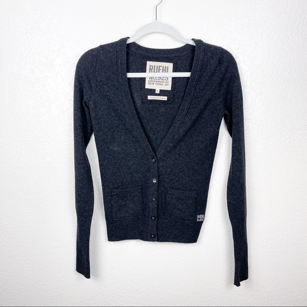 Ruehl No. 925 Gray V-Neck Button Up Cardigan Top Wool Cashmere Blend Size XS